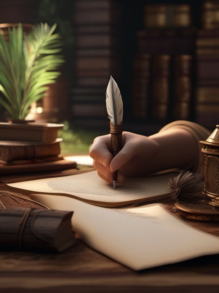 A forgotten quill pen writes stories of far-off lands and epic adventures.  8k, hyper realistic, cinematic