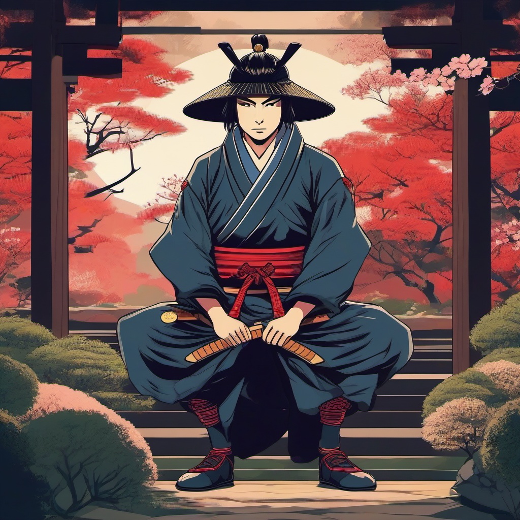 Samurai warrior with a katana in a traditional Japanese garden.  front facing ,centered portrait shot, cute anime color style, pfp, full face visible