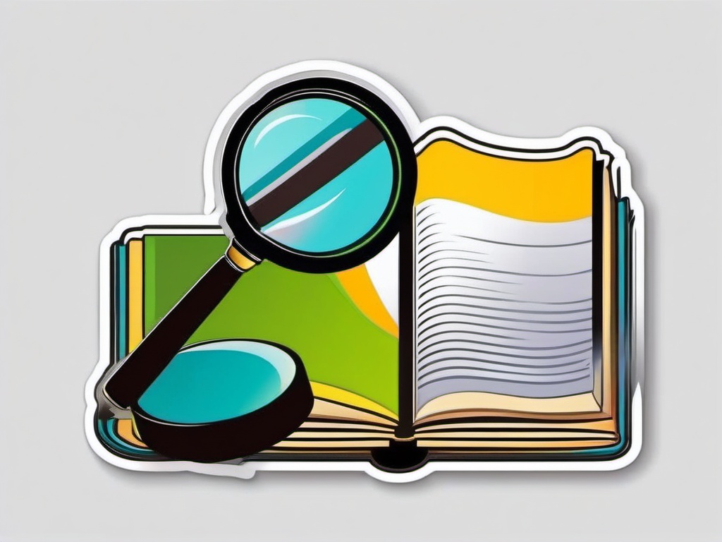 Book and Magnifying Glass Sticker - Open book with a magnifying glass, ,vector color sticker art,minimal