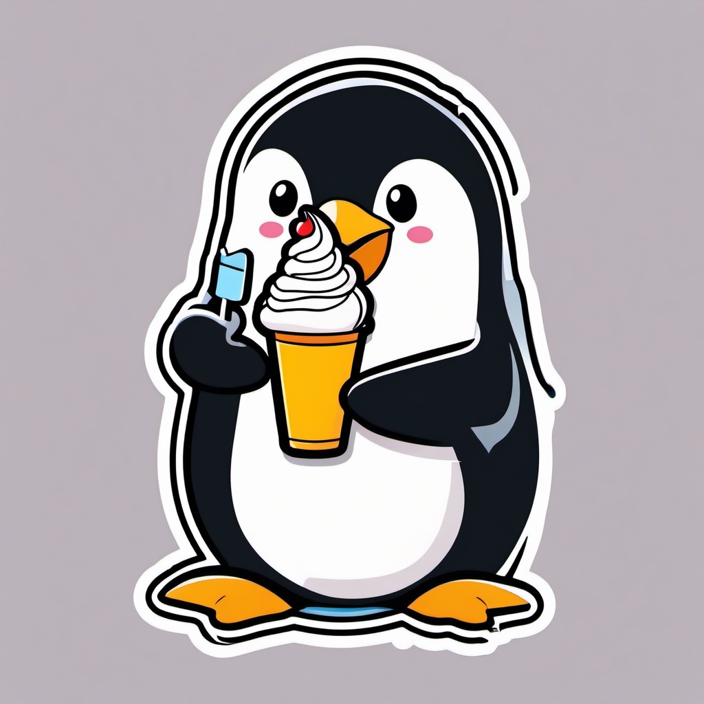 Penguin with Ice Cream Sticker - A penguin enjoying a tasty ice cream cone. ,vector color sticker art,minimal