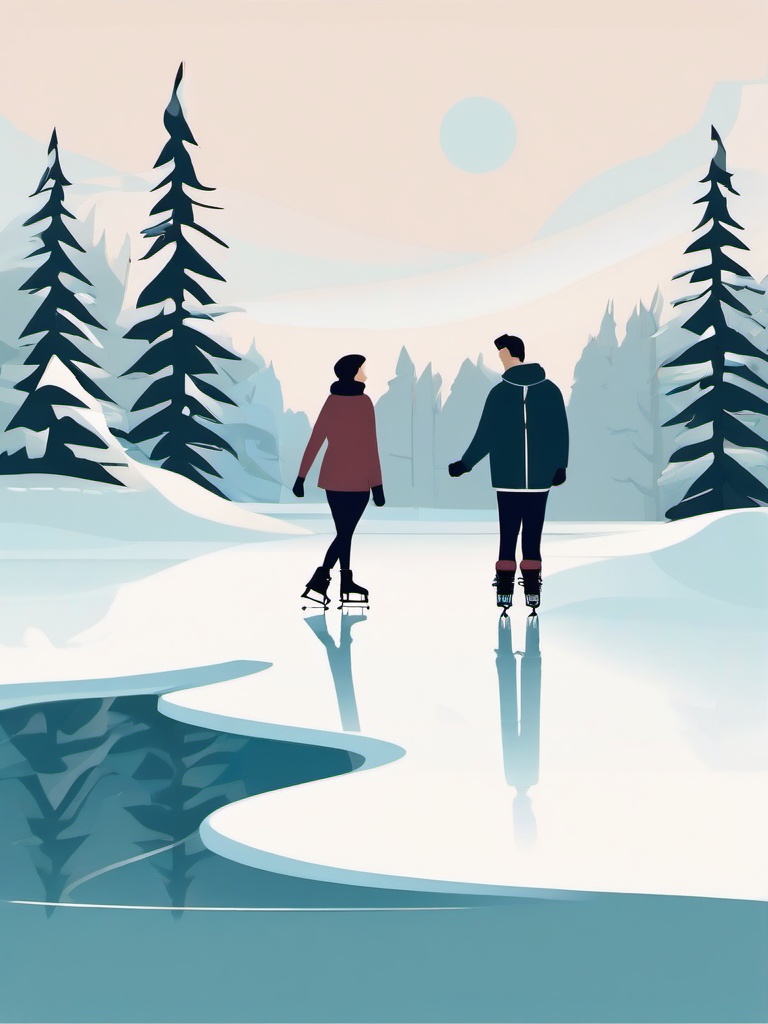 February clipart - couple ice skating on a frozen lake  color,minimalist,vector clipart