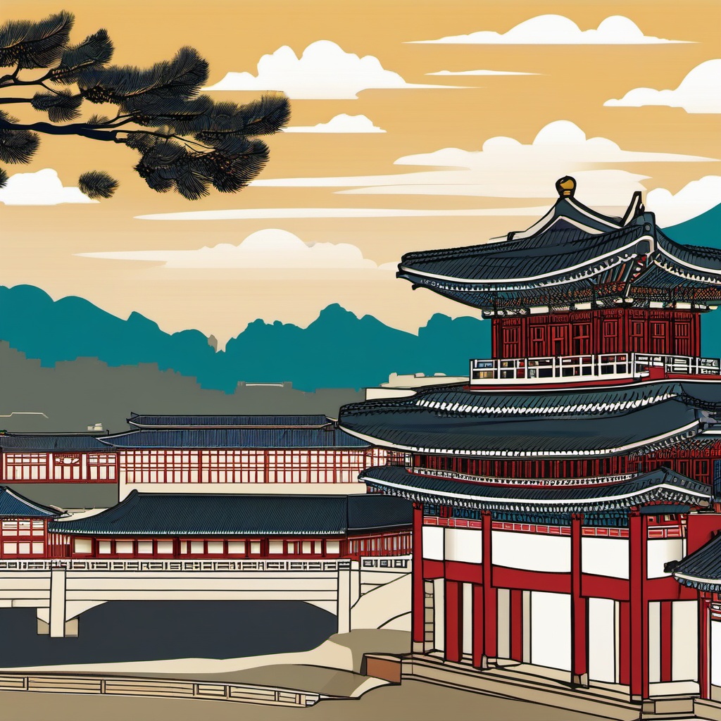 Seoul clipart - Gyeongbokgung Palace and Seoul skyline,  color clipart, vector art