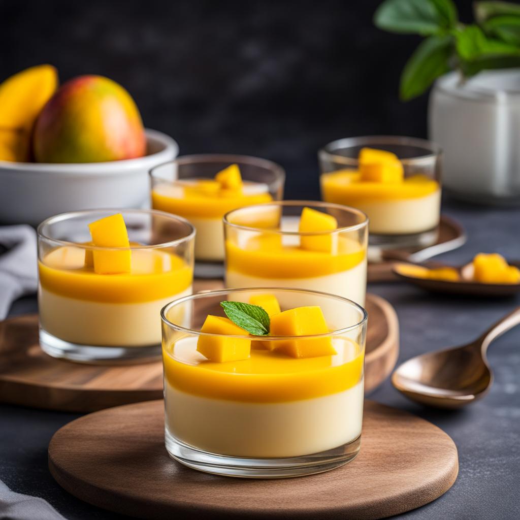 an individual serving of silky mango panna cotta, garnished with fresh mango cubes. 