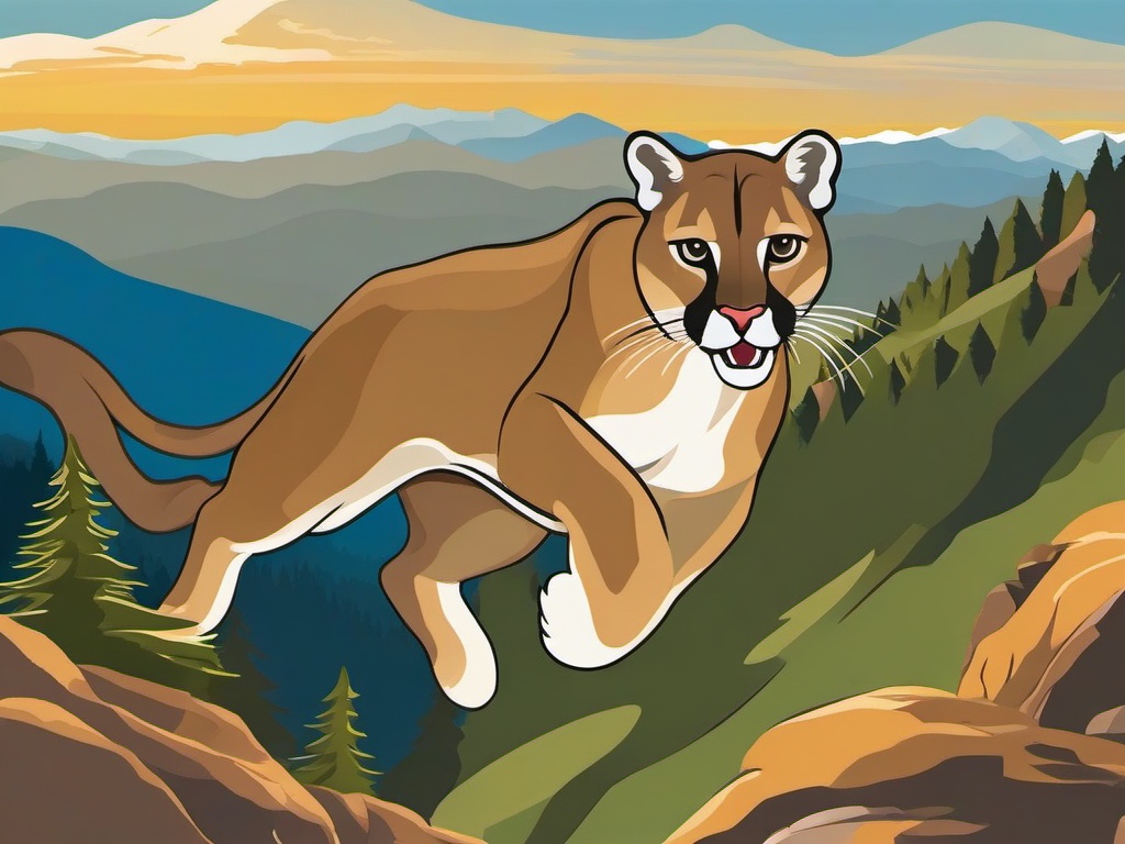 Cougar Cartoon - Cartoon of cougar leaping through mountains  