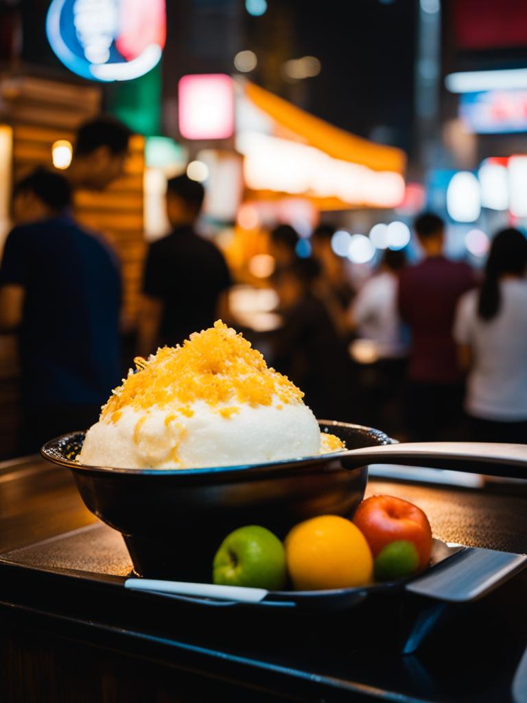 bingsu, a korean shaved ice dessert, savored at a bustling night market in seoul. 