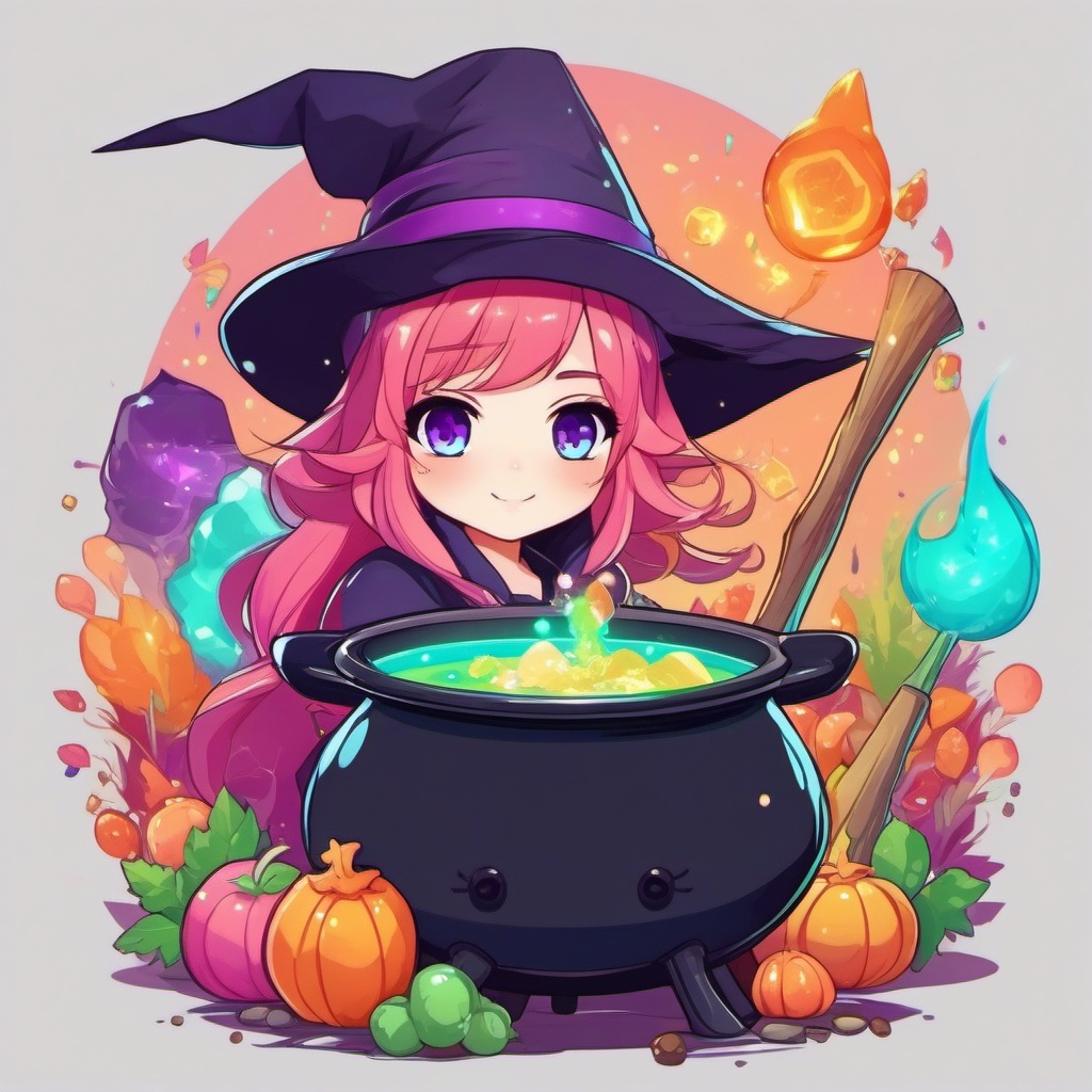 Kawaii witch with a cauldron of colorful potions.  front facing ,centered portrait shot, cute anime color style, pfp, full face visible