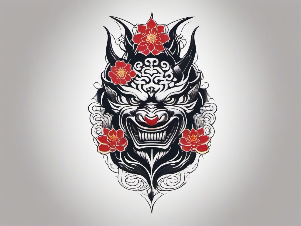 Japanese Evil Tattoo - Tattoo depicting evil motifs inspired by Japanese folklore.  simple color tattoo,white background,minimal