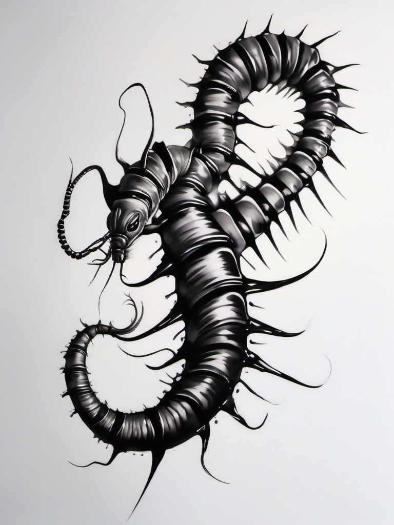 Centipede in watercolor tattoo: Fluid expression capturing the creature's grace.  black white tattoo, white background