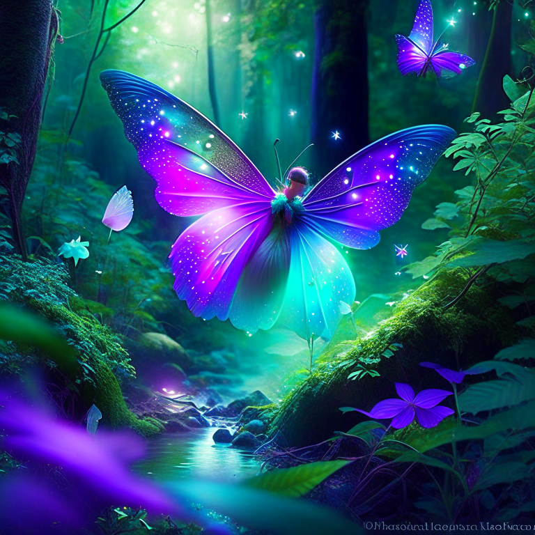 magical fairy with iridescent wings, sprinkling shimmering pixie dust over a tranquil glade. 