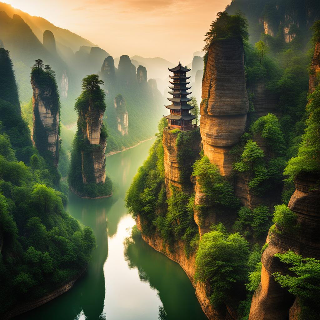 wulingyuan scenic area, china - craft a dreamscape featuring thousands of sandstone pillars and lush greenery. 