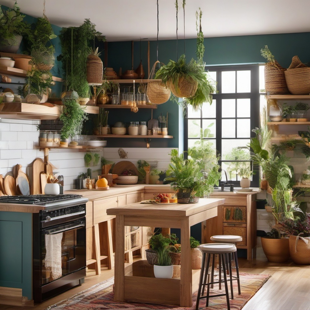 Sustainable Boho Cooking Oasis - Embrace boho style with sustainable and eco-friendly decor. , kitchen layout design ideas, multicoloured, photo realistic, hyper detail, high resolution,