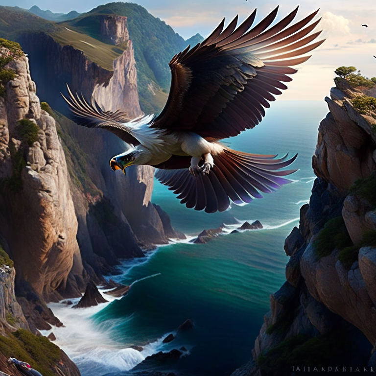 harpy, the winged temptress, swooping down from the cliffs along a rugged coastline. 