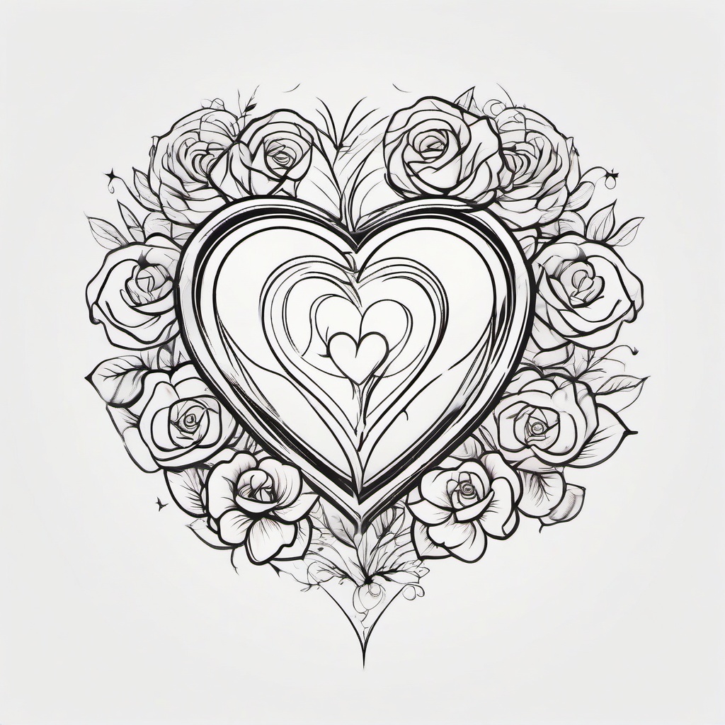 Heart Tattoo - A delicate heart tattoo surrounded by roses  few color tattoo design, simple line art, design clean white background