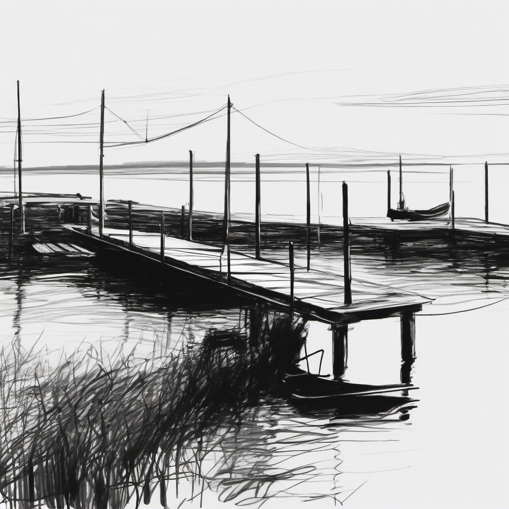 drawing of a dock  minimal rough scribbles,doodles,black and white