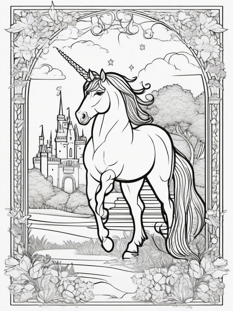 Unicorn and Castle Coloring Pages - Enchanted Unicorn by a Fairy Tale Castle  minimal black outline printable sheet, coloring page