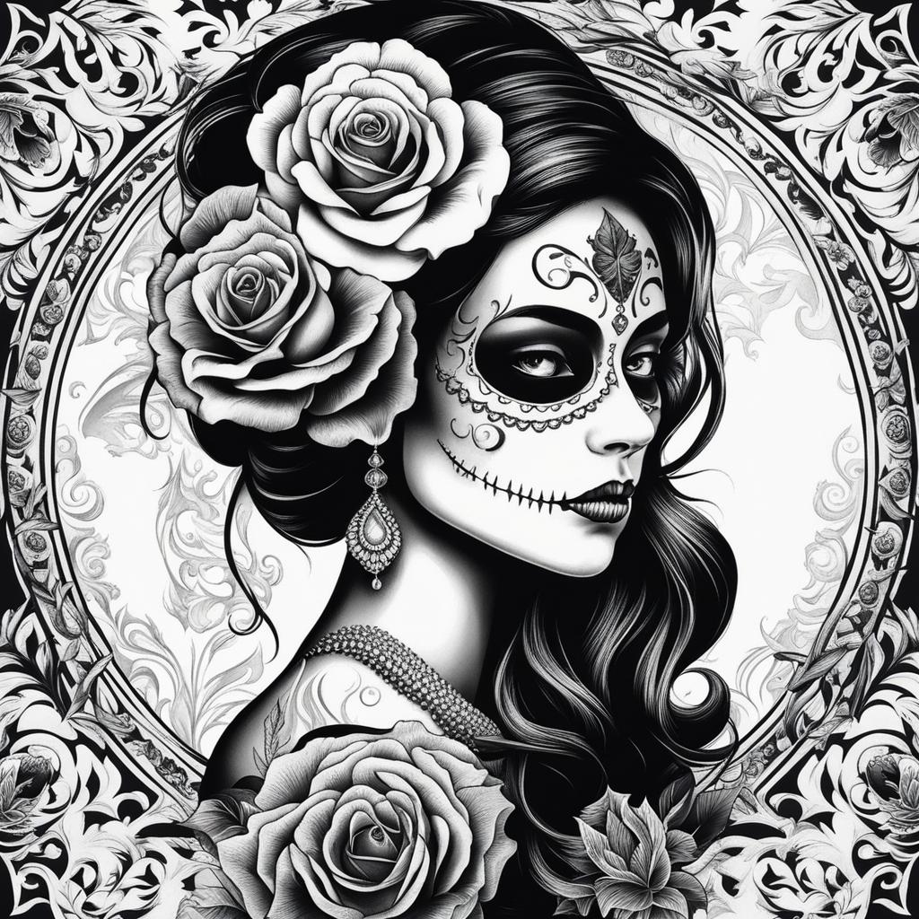 sugar skull tattoo black and white design 