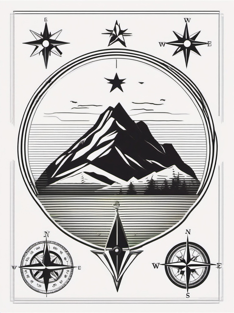 Compass and Mountain Tattoo - Compass tattoo with mountain elements.  simple vector tattoo,minimalist,white background