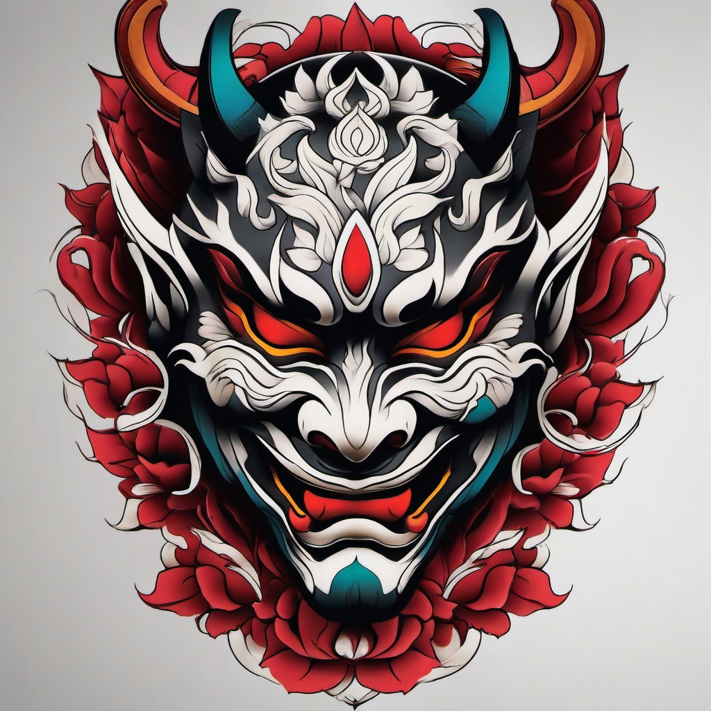 hannya mask tattoo  simple color tattoo,white background,minimal