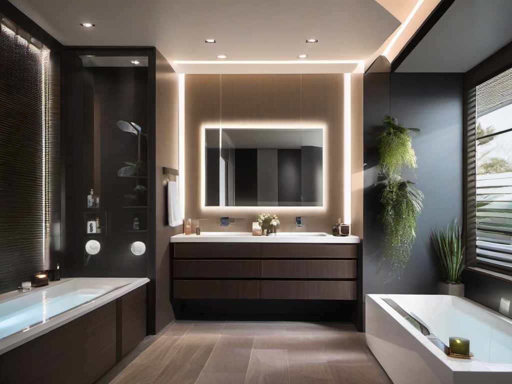 A master bathroom with futuristic interior design incorporates smart mirrors, sleek fixtures, and high-tech amenities that create a luxurious and relaxing atmosphere for self-care.  