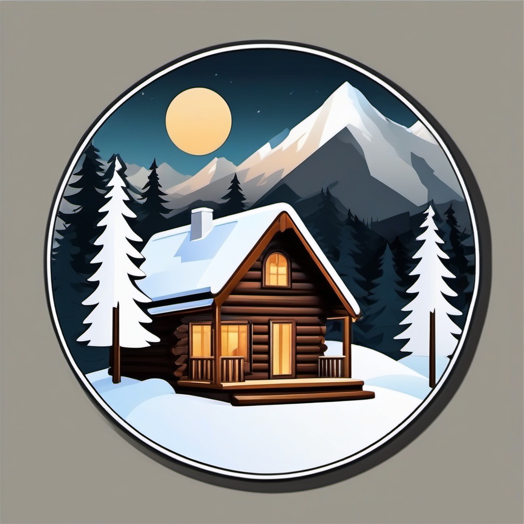 Mountain Cabin and Snow-Covered Trees Emoji Sticker - Cozy retreat in winter wilderness, , sticker vector art, minimalist design