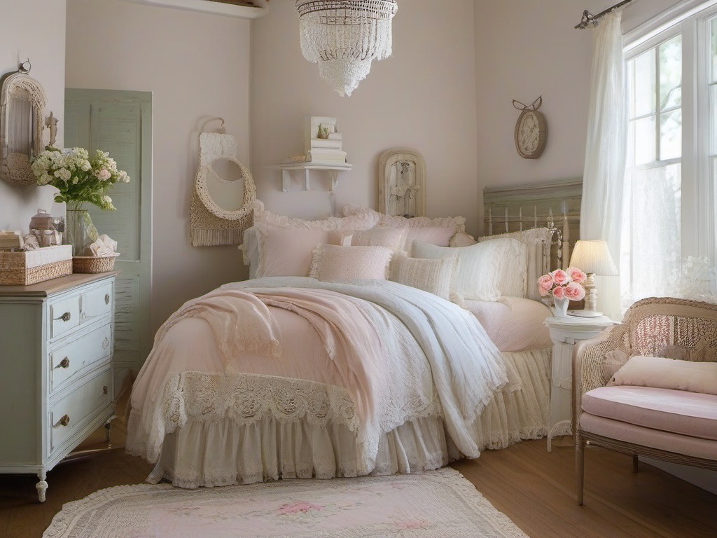 Shabby Chic bedroom showcases vintage furniture, lace-trimmed linens, and soft colors, providing a cozy and inviting retreat.  