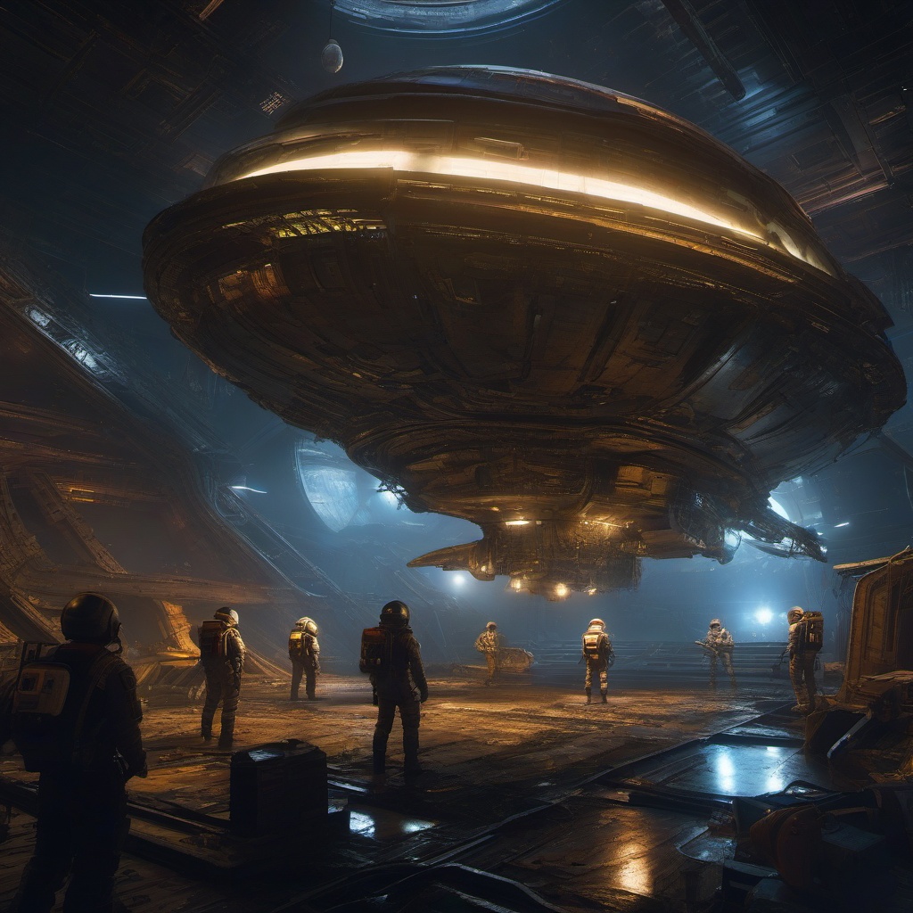 Group of space explorers encounters derelict spaceship with haunted AI. 16k,8k,style by Eddie Mendoza