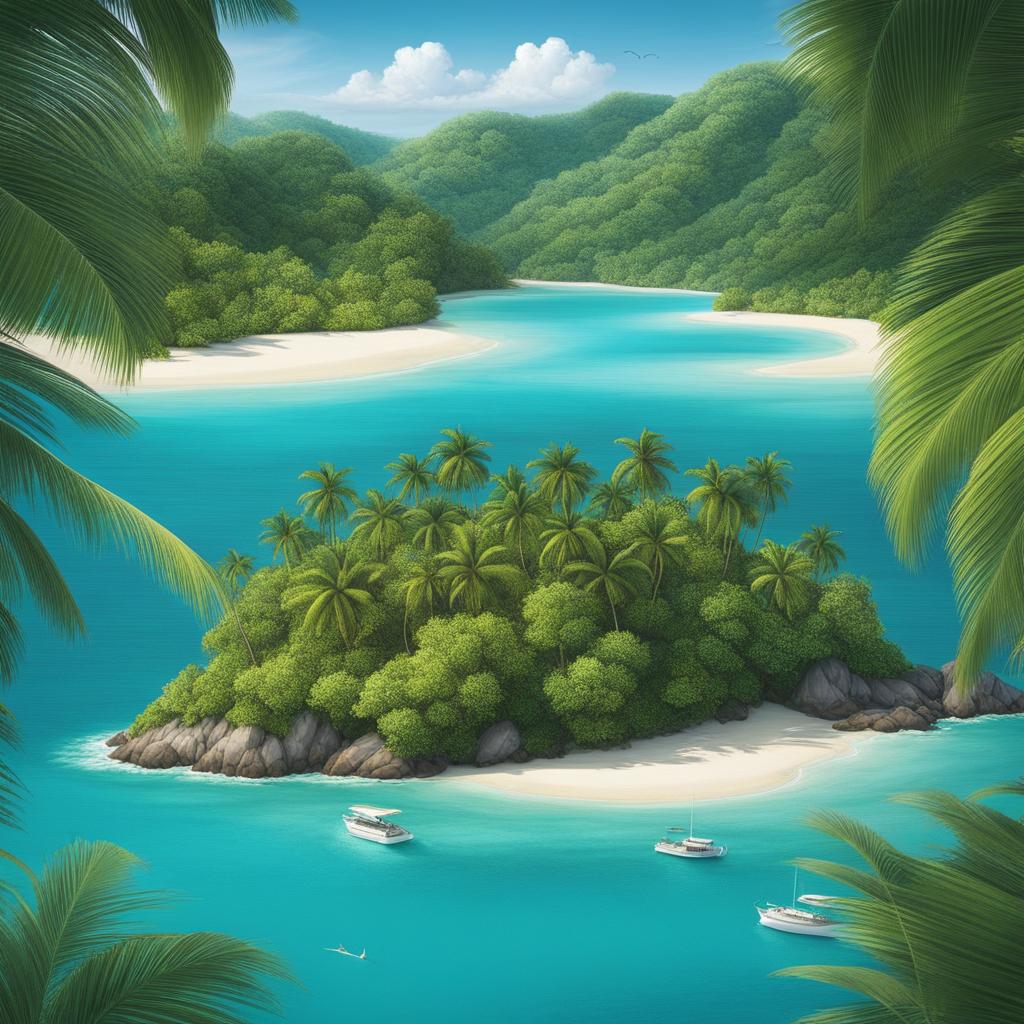 island paradise, a tropical island with pristine beaches, turquoise waters, and swaying palms. 