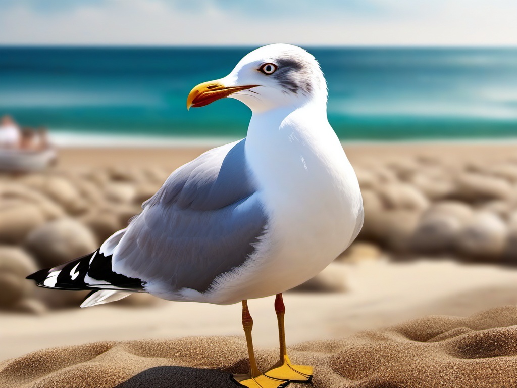 Beachside seagull watching close shot perspective view, photo realistic background, hyper detail, high resolution