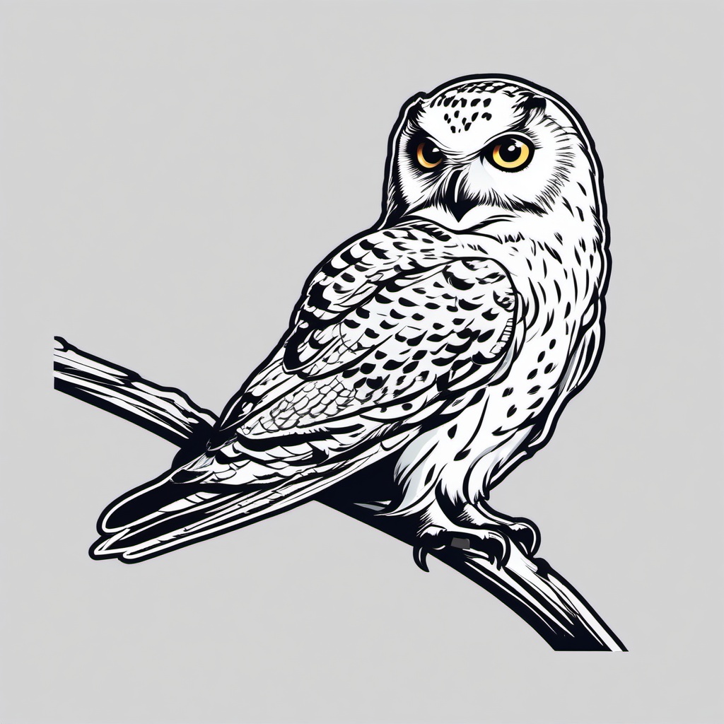 Snowy owl on a branch sticker- Watchful and silent, , sticker vector art, minimalist design