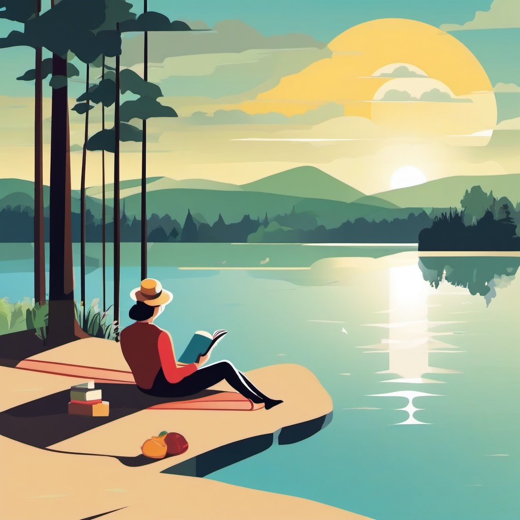 Summer Reading clipart - Reading a book on a sunny lakeside day., ,vector color clipart,minimal