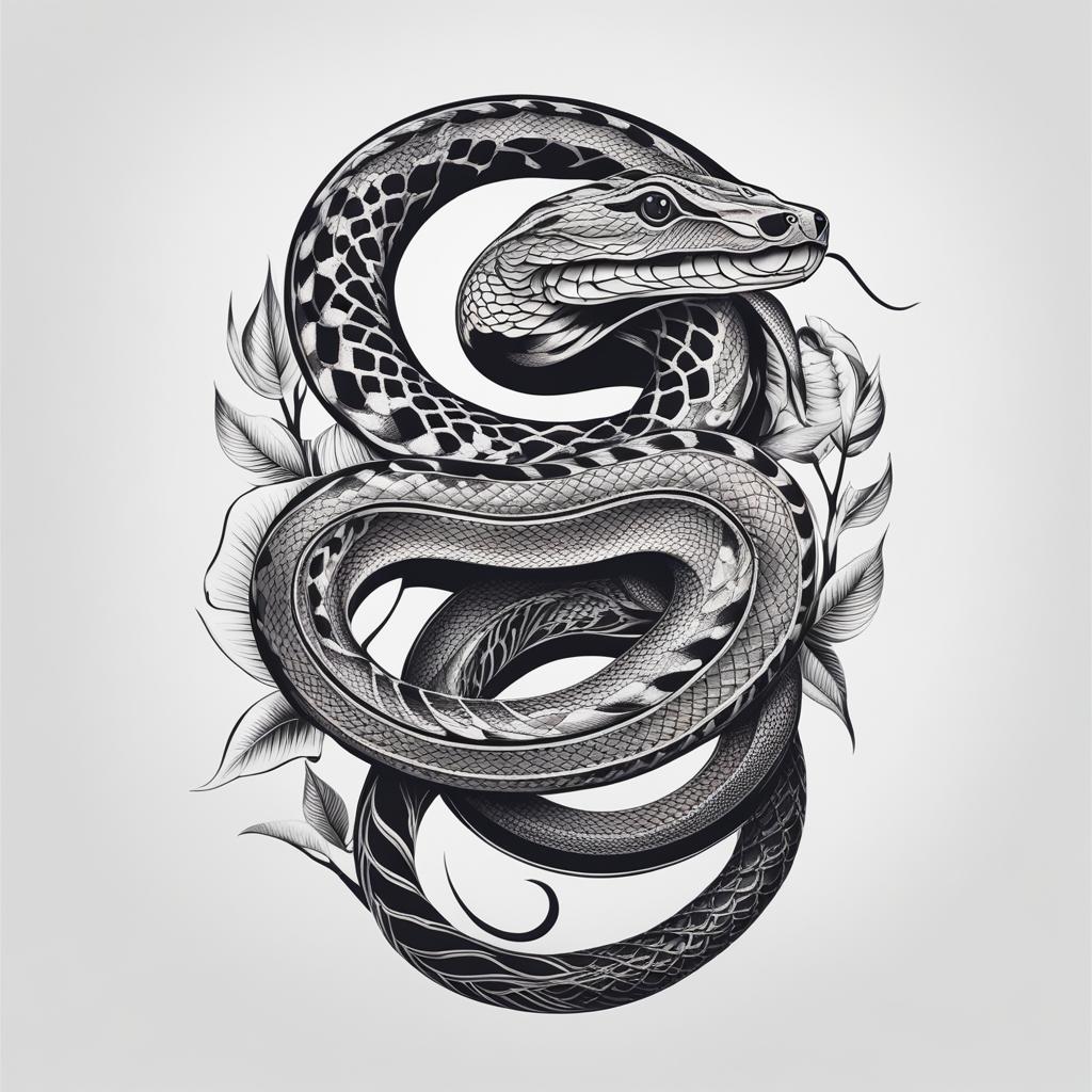 Snake tattoo, Tattoos featuring various depictions of snakes, symbolizing different meanings. colors, tattoo patterns, clean white background