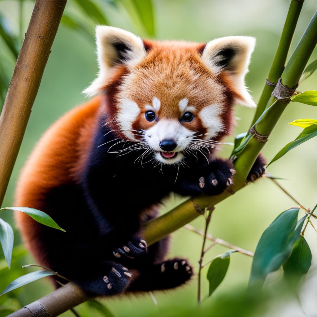 tiny red panda cub, perched on a branch and nibbling on bamboo leaves. 