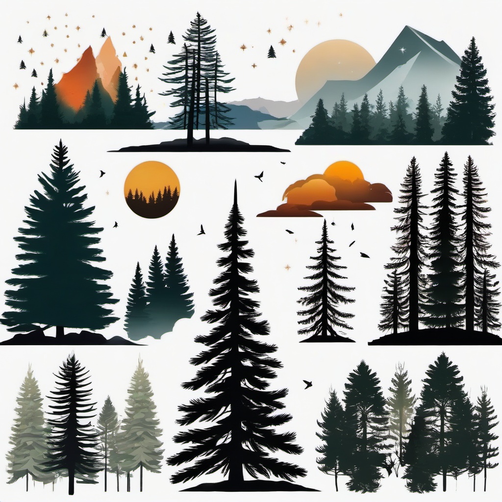 pine forest tattoo  simple color tattoo,white background