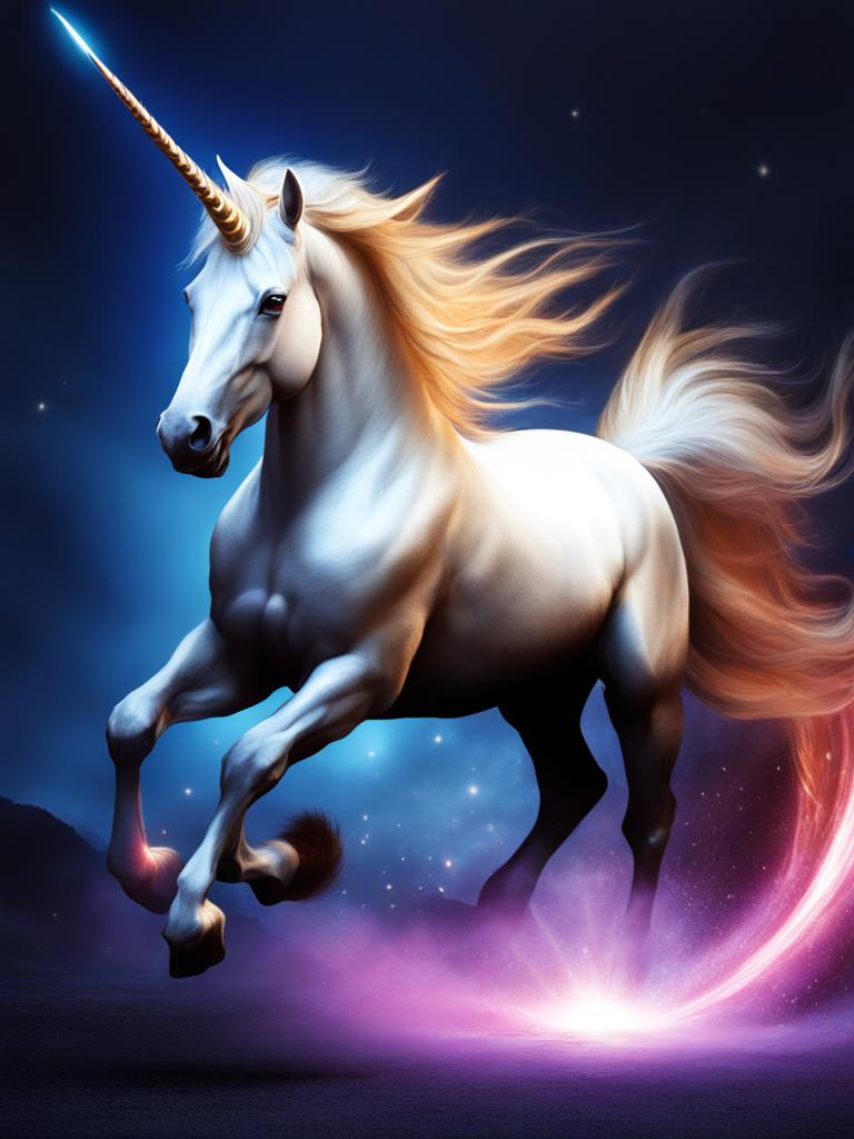 fierce unicorn charging into battle, its horn glowing with mystical energy as it defends a magical realm. 