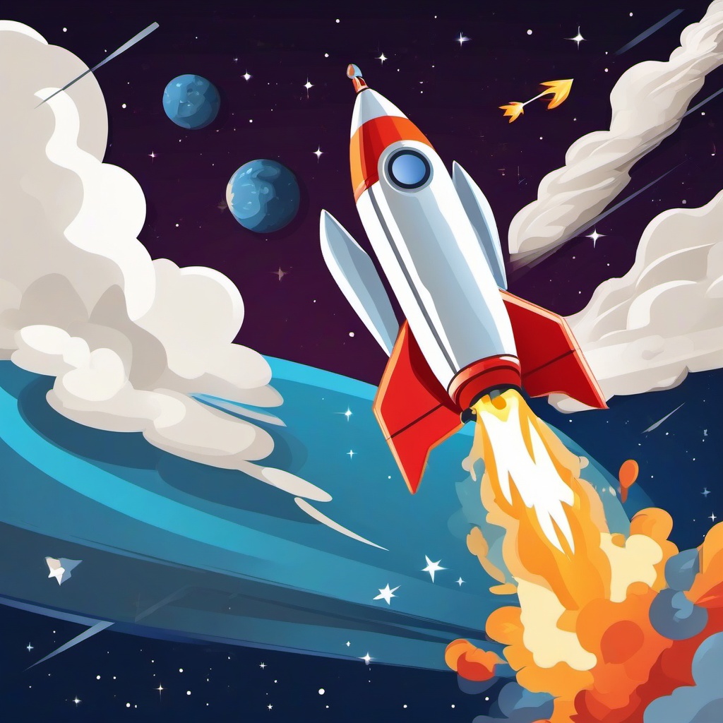 Rocket launching from a space station clipart.  vector style illustration, white background