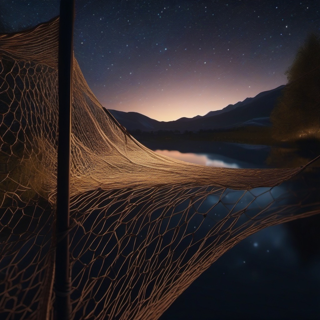 Frayed net casts dreams into the starry night sky.  8k, hyper realistic, cinematic