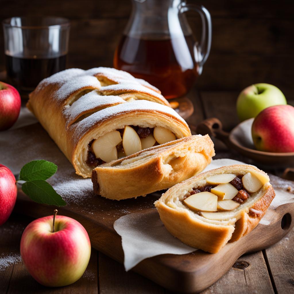 apfelstrudel, austrian apple strudel, enjoyed at a cozy chalet in the austrian alps. 