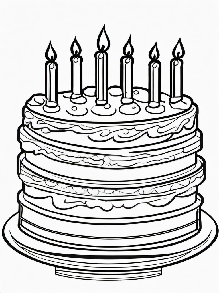 Birthday Cake Coloring Pages - Delicious Cake with Candles Lit  minimal black outline printable sheet, coloring page