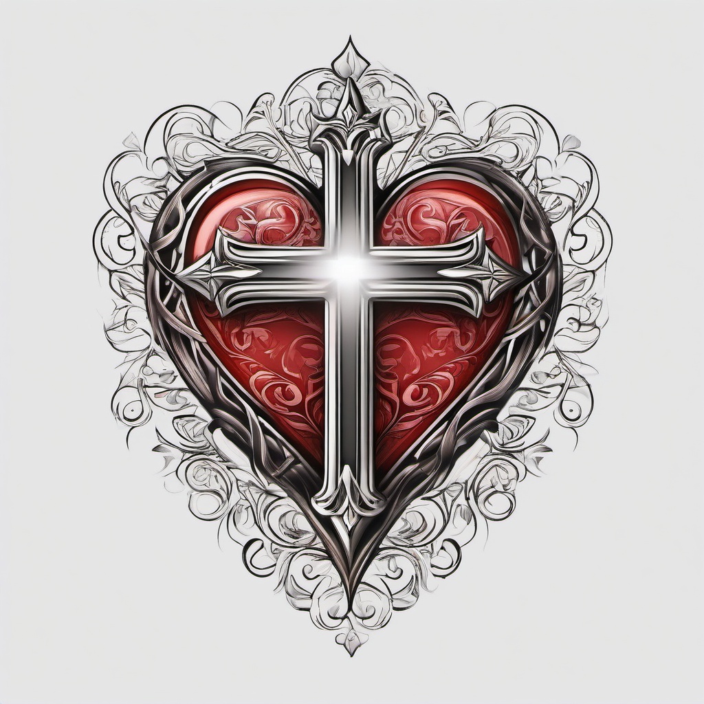 Cross in heart tattoo, Cross nestled within a heart, portraying the unity of love and devotion. , tattoo color art, clean white background