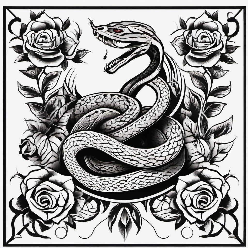 Tattoos of Snakes and Roses - Combination of snake and rose motifs in tattoos.  simple vector tattoo,minimalist,white background