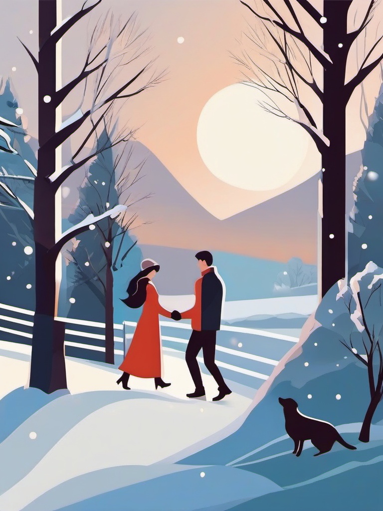 Winter Engagement clipart - Romantic engagement scene in winter, ,vector color clipart,minimal