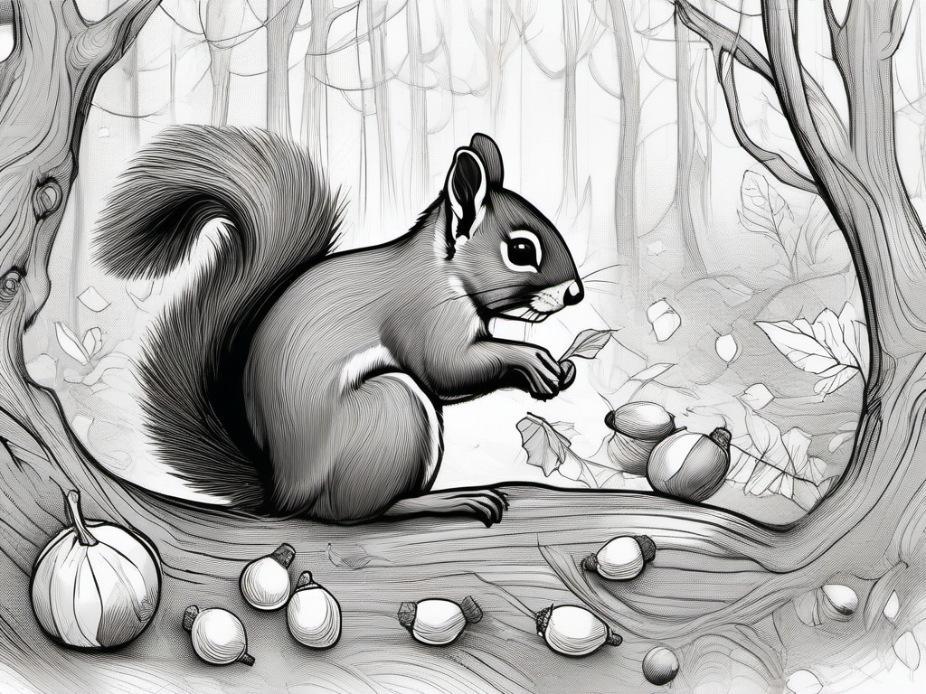 drawing of a squirrel gathering acorns  minimal rough sketch scribbles,doodles,black and white