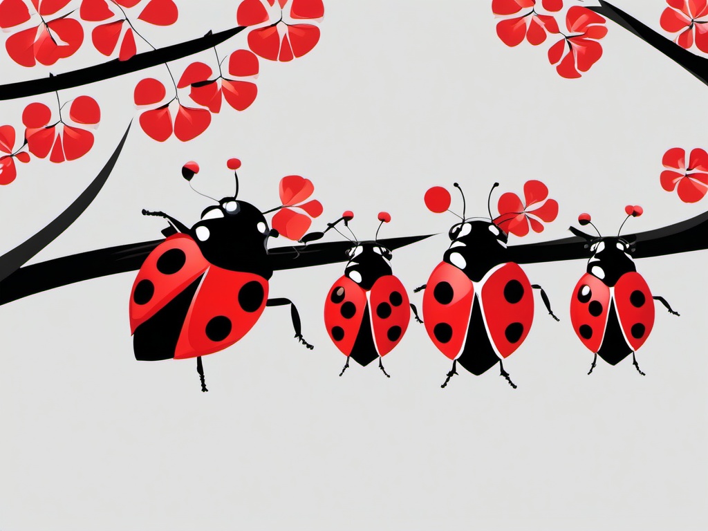 Ladybird clipart - group of ladybirds on a tree branch  color,minimalist,vector clipart