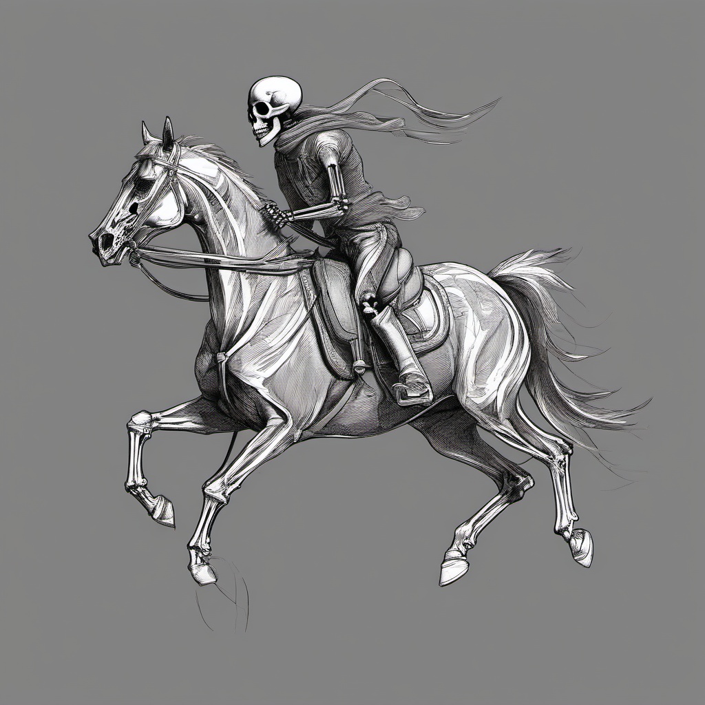 drawing of a skeleton riding a horse  minimal rough sketch scribbles,doodles,black and white