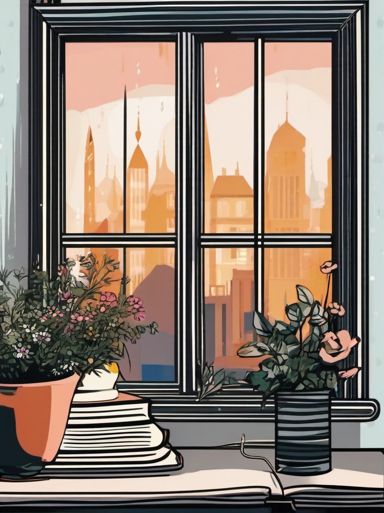 Book clipart - on a rainy window sill  