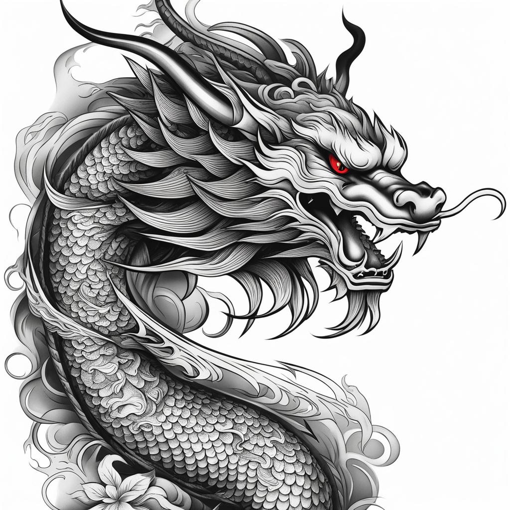 Japanese dragon tattoo art, Artistic and detailed Japanese dragon tattoos.  color, tattoo style pattern, clean white background