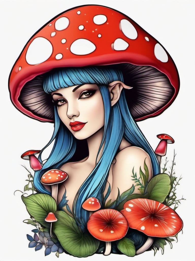 fairy and mushroom tattoo  simple color tattoo style,white background