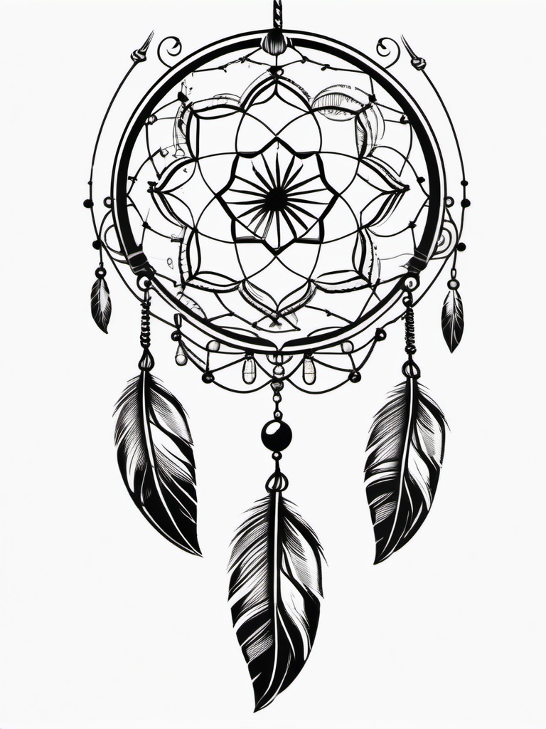 Beach Dream Catcher Tattoo - Tattoo combining a dream catcher with beach-themed elements.  simple vector tattoo,minimalist,white background