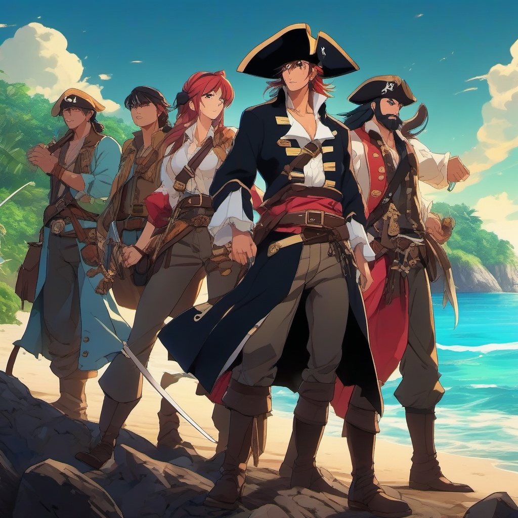 Bold anime pirate captain and first mate, wielding gleaming cutlasses, leading a fearless crew on a treasure hunt on a secluded island, as a matching pfp for friends. wide shot, cool anime color style