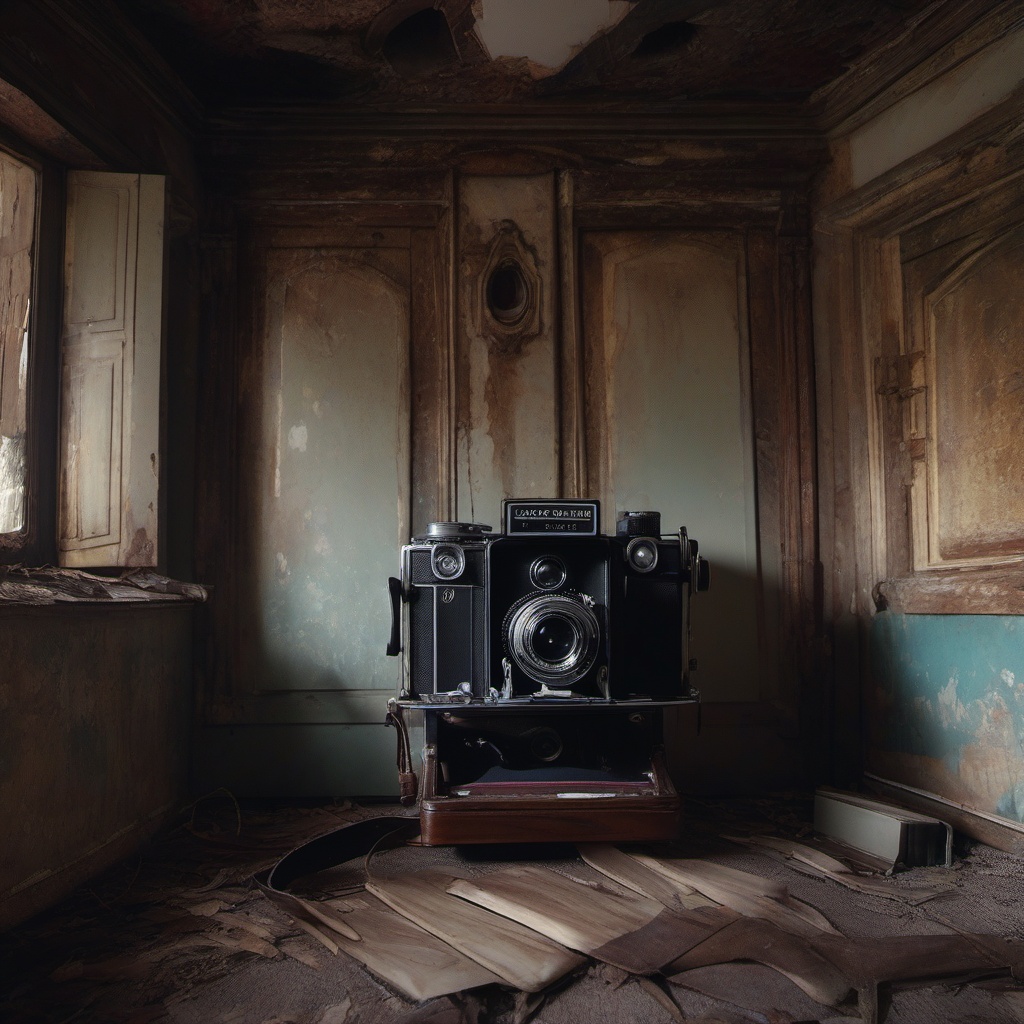 Vintage camera projects long-lost memories onto the walls of an abandoned house.  8k, hyper realistic, cinematic